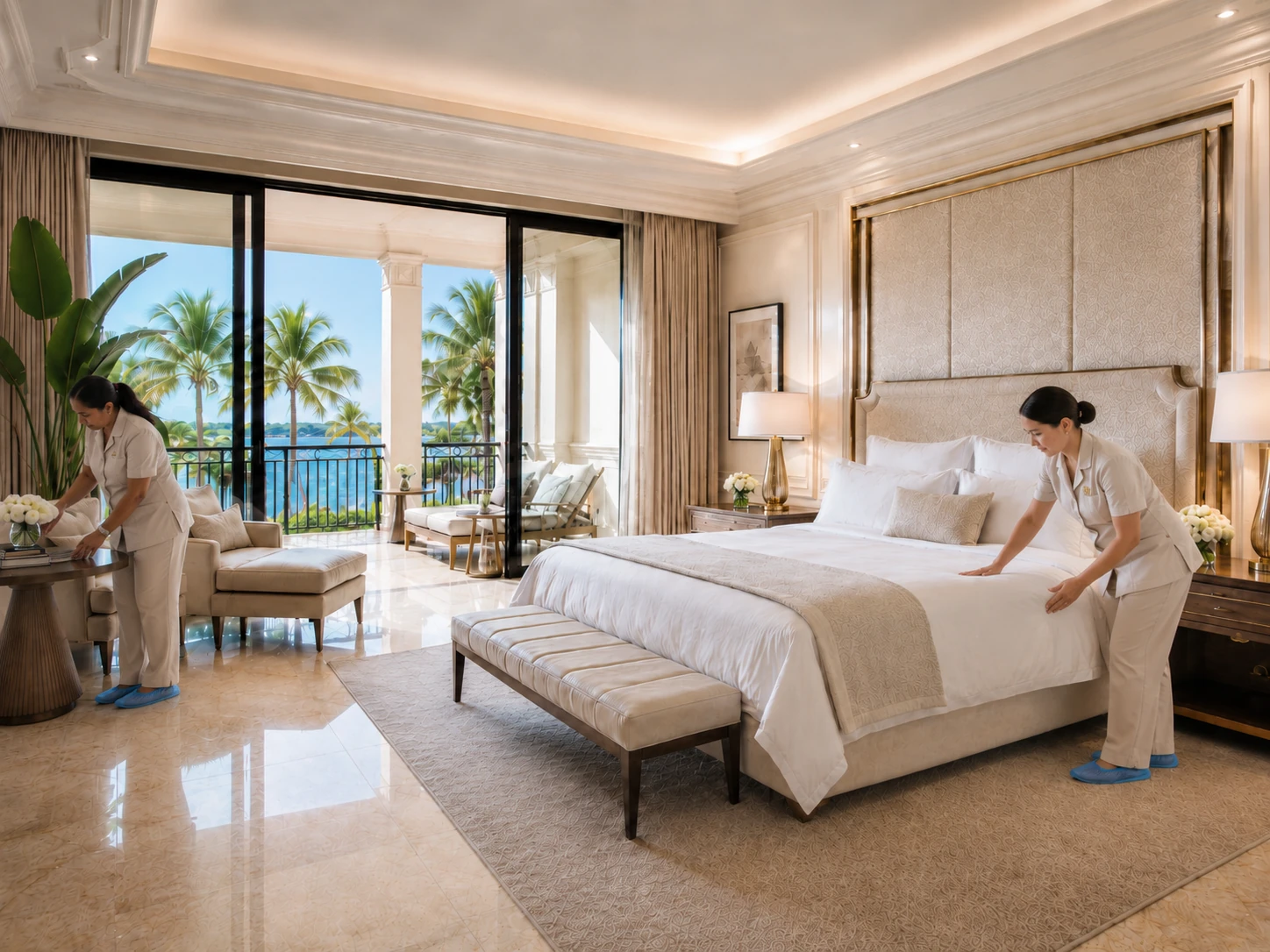 Housekeeping team preparing a luxury South Florida bedroom to arrival-ready standards
