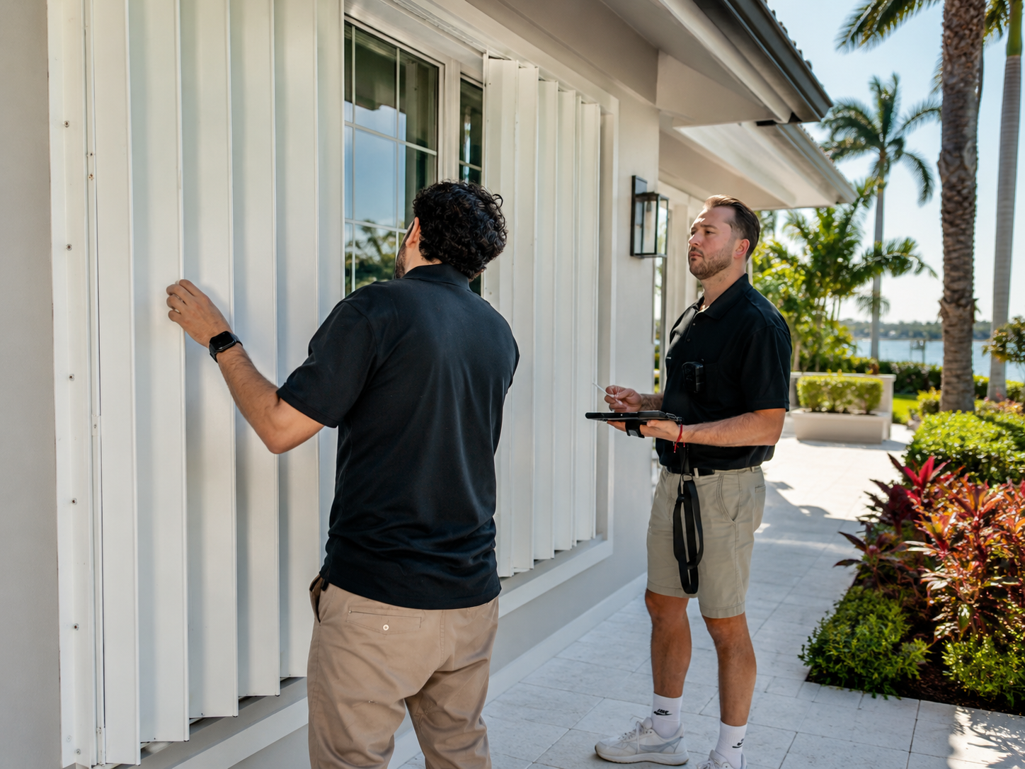 Trusted Watchers preparing storm shutters at a luxury South Florida residence